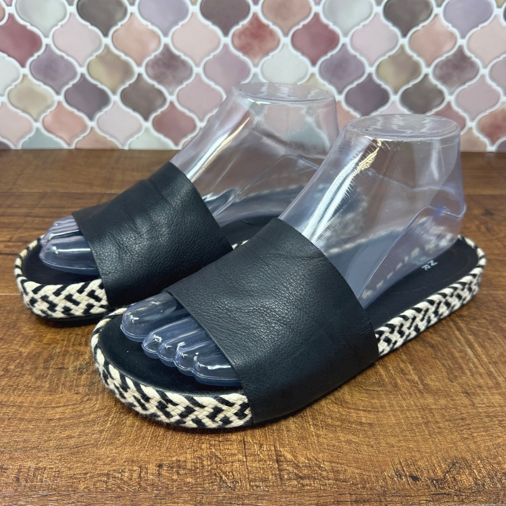 Eileen Fisher Pear Black Leather Chevron Woven Espadrille Slide Sandals 7 - Picture 3 of 15